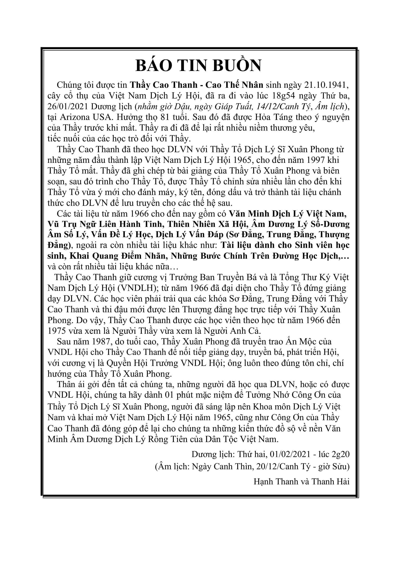 thông báo tin buồn