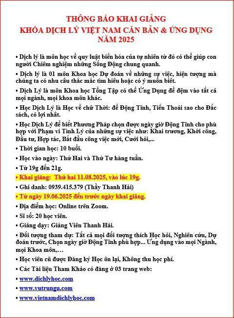 THÔNG BÁO KHAI GIẢNG LỚP DỊCH LÝ VIỆT NAM